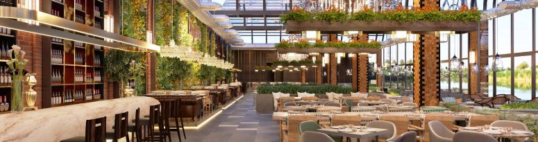 elegant commercial interiorscaping in a high-end restaurant, featuring lush vertical gardens and overhead greenery