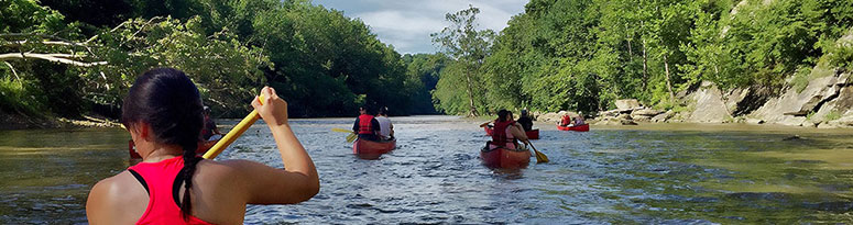 a group of coworkers canoeing on Biophilia Day