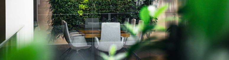 An office conference room with interior plants and vertical garden