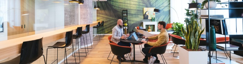 Two interiorscape professionals reviewing liability insurance in a plant-filled meeting area