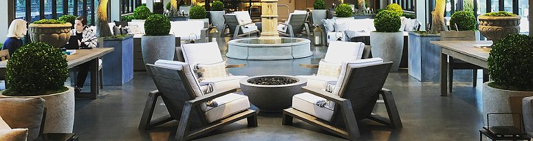 Large potted trees and greenery-filled planters in a luxurious indoor space create a relaxing and elegant ambiance.